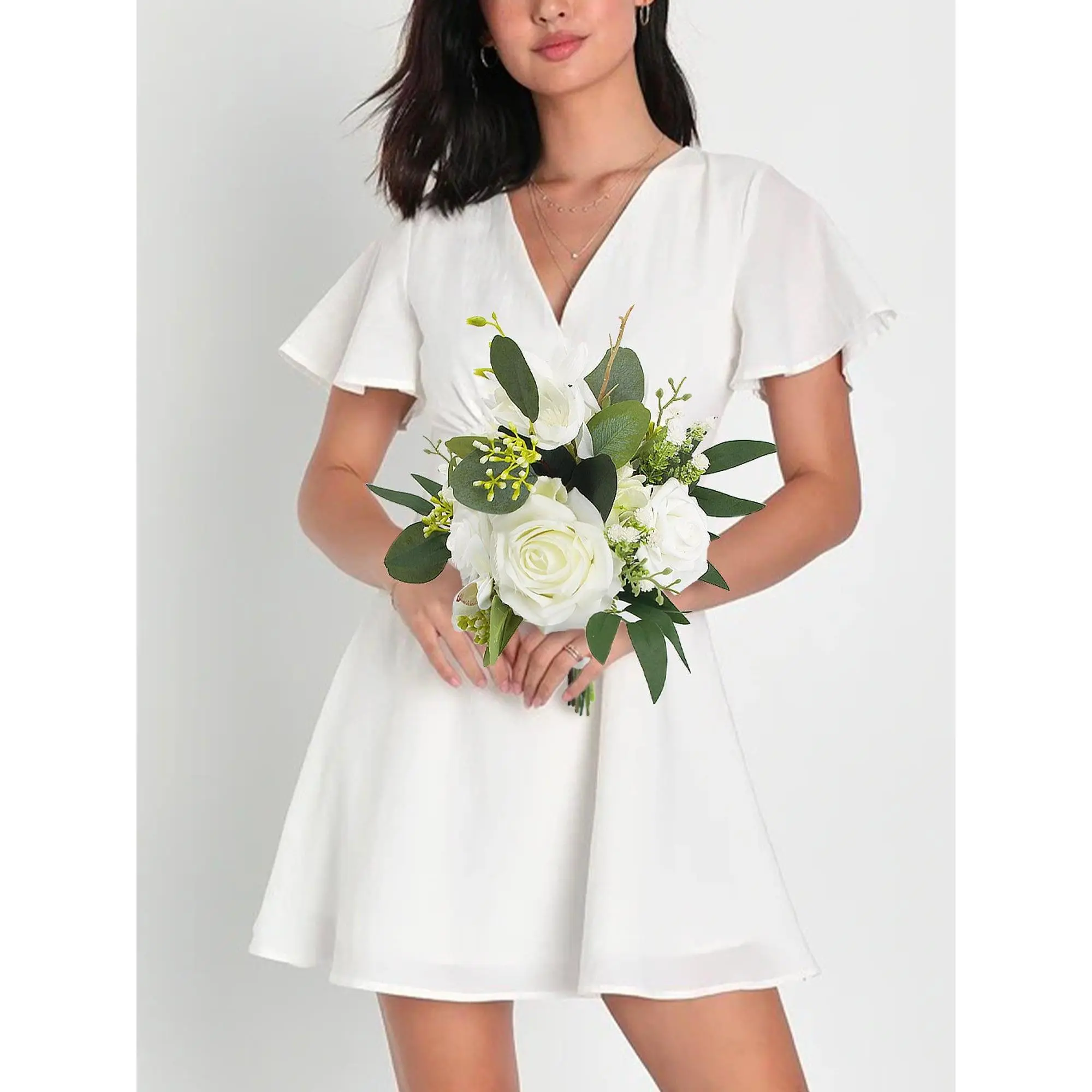 Rinlong 7.8-in W Silk Foam Flower Bridesmaid Bouquet - Sage Green & White, with Eucalyptus, Spring Decorative Wedding Supplies for Bridal Decor, 7.8 Inch W