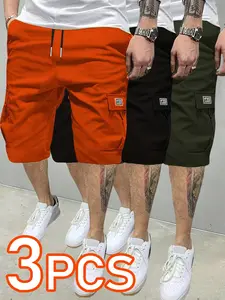 3 pieces 3counts 3pcs Men's Summer Casual Outdoor Shorts, Wear-Resistant Workwear Pants, Plain Color Cargo Shorts with Multiple Pockets, Elastic Waist, Menswear