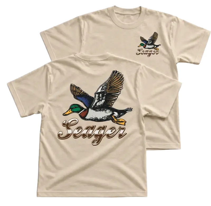 SEAGER T-Shirt – Hunting Tee Featuring Front Chest Flying Mallard Logo & Large Flying Duck Back Graphic, Retro Outdoor Waterfowl Design Novelty Gift for Bird Hunters & Wildlife Enthusiasts, Menswear Medium Men's