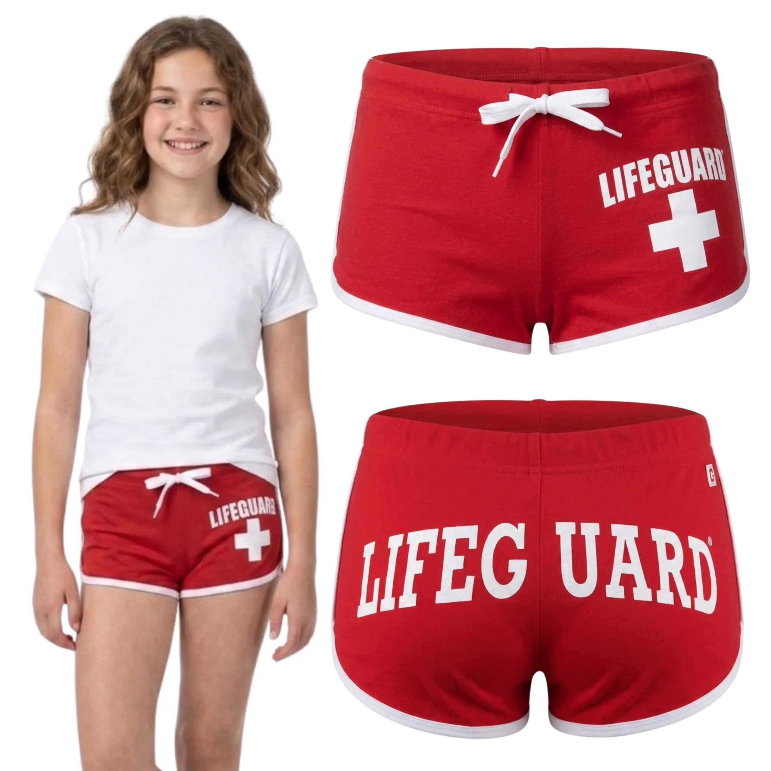 LIFEGUARD Girls Kids Officially Licensed Hi-Cut Short Red and White Soft Cotton Material