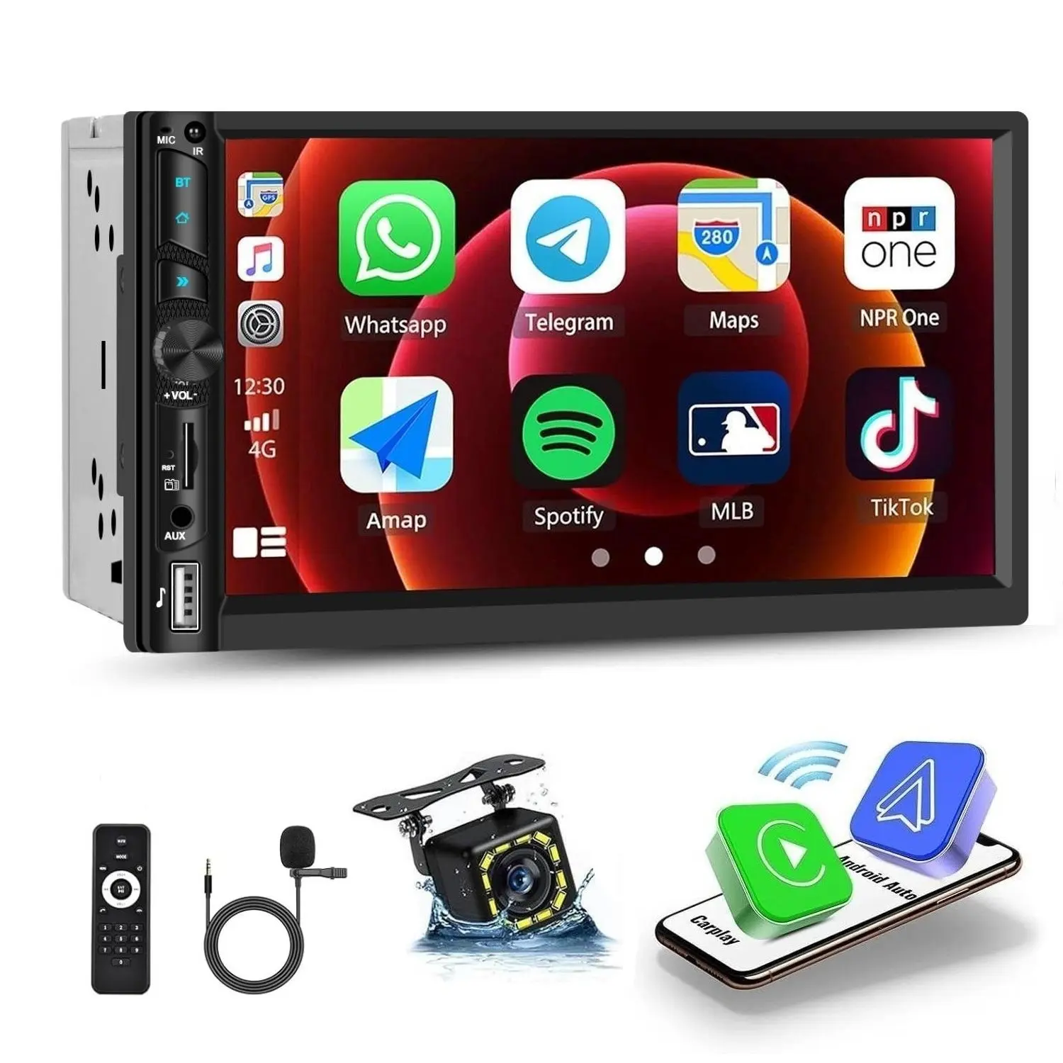 7” IPS Touch Screen Double Din Wireless Carplay Android Auto Car Video Player - Radio with YouTube Playback, WiFi GPS, FM Bluetooth Hands-Free, Mirror Link, Backup Camera, EQ, USB/AUX/SWC, MIC, Auto Accessories, Father's Day Gift, Car Media Player