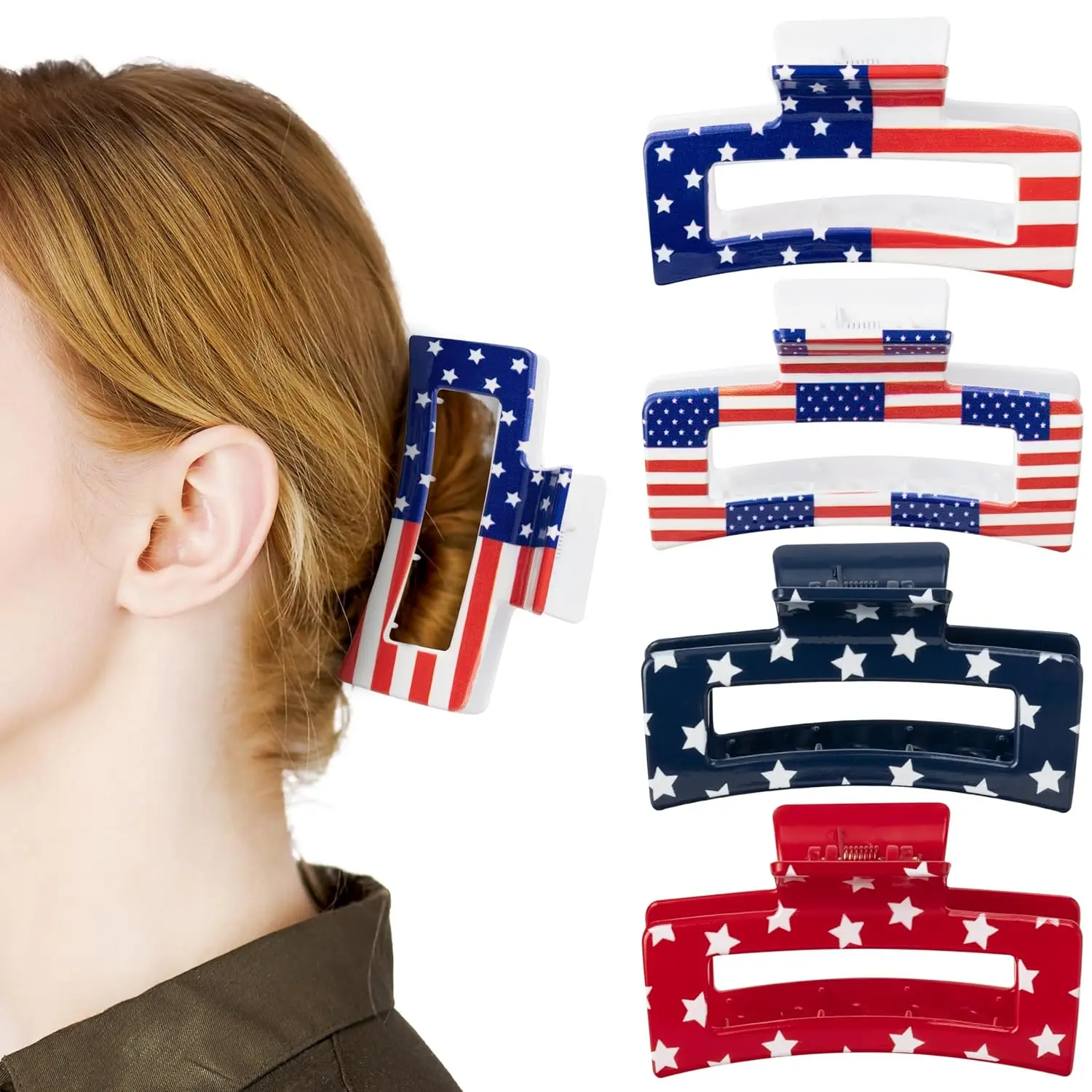 4Pcs American Flag Hair Claw Clips for Women Girls - Independence Day 4th of July Rectangle Nonslip Clips Red White Blue Star Patriotic Celebrations USA Hair Accessories Small Gifts