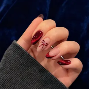 24Pcs Red Press on Nails Medium Almond Fake Nails Cat Eye Nails Press on with Red Bow Design Reusable Artificial Nail Full Cover Stick on Nails for Women Elegant Nude & Sparkle Burgundy Manicure Easy Application,Trendy 2026 Nail Design for Fashion Lovers