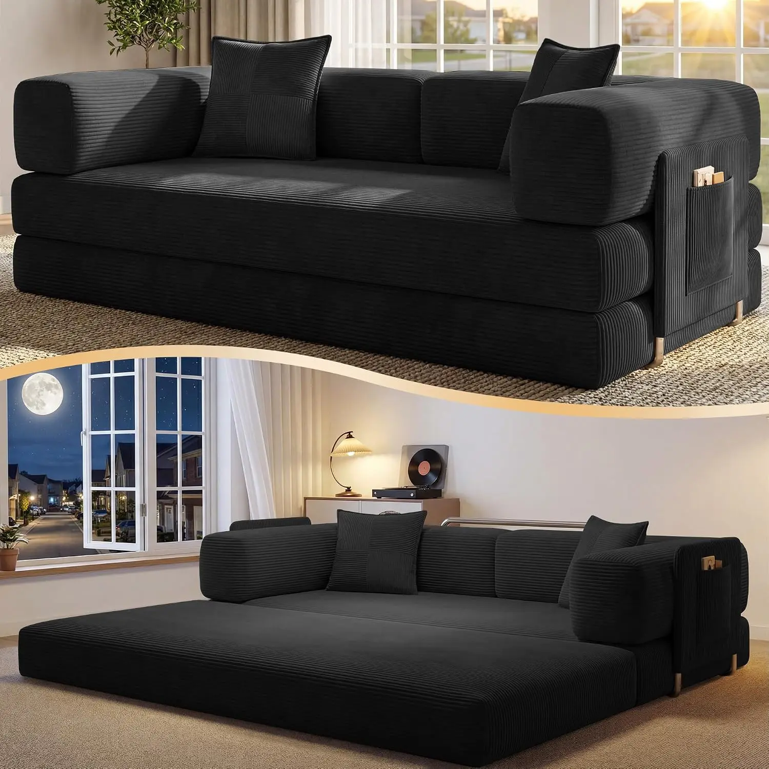 78.8" Corduroy Convertible Futon Sofa Bed Furniture, No-Assembly Boneless Couch with Storage Pocket for Living Room, Green,dorm essentials,home decor
