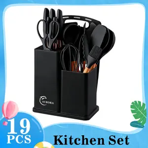 19-piece set of high-quality  kitchen utensils with wooden handles and knives - heat-resistant, non stick cooking tools and storag - the perfect kitchen tool for easy cooking and cleaning. heatresistant silicone cutlery