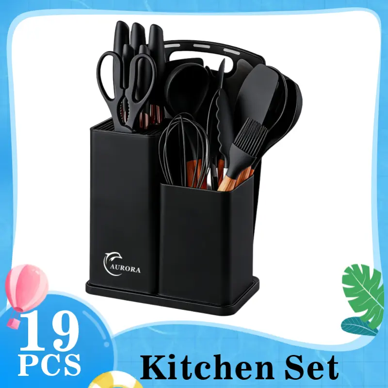 19-piece set of high-quality  kitchen utensils with wooden handles and knives - heat-resistant, non stick cooking tools and storag - the perfect kitchen tool for easy cooking and cleaning. heatresistant silicone cutlery