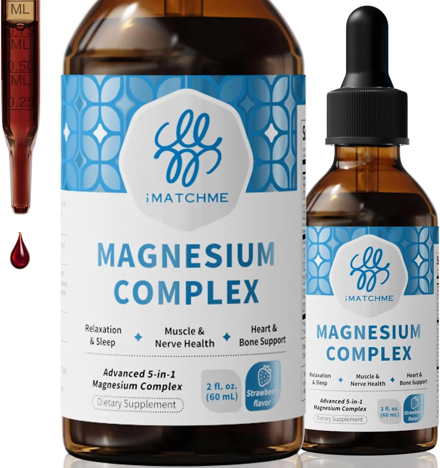 iMATCHME Liquid Magnesium Complex - High Absorption Magnesium Glycinate, Citrate & Malate Drops with L-Theanine & B12 - Supports Calm Mood, Restful Sleep & Health Muscle Function - Strawberry, 2 Fl Oz