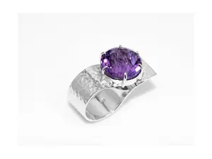 Sterling Silver Wide Flat Hammer Textured Shank Ring With Large Natural Amethyst Stone