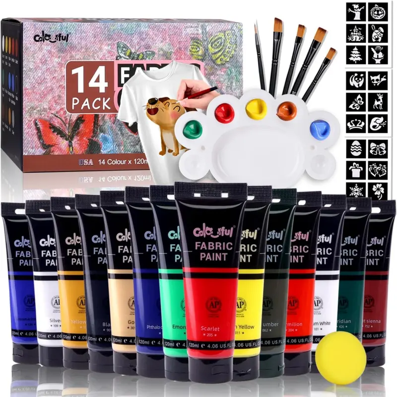 Colorful 14 Colors Permanent Fabric Paint for Furniture,  (120 ml) Sticker Stencils Included,Fabric Paint for Clothes, Soft Rich Pigment Non-Toxic Textile Paint for Fabric DIY Crafts T-shirts Shoes Jeans DIY for Adult, Art Craft Supplies