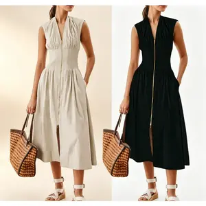 Women’s Summer Smocked Midi Dress-V-neck, sleeveless/cap sleeve, zipper back, high slit, flowy and elegant for parties, birthdays, or minimalist daily looks.Waist-trainer friendly.Stylish beige essential.Womenswear,SummerVibes