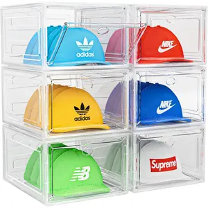 Hat Organizer Box, 6 Boxes for 40 Pack Hats, Upgrade Harder Solid Plastic Hat Organizer for Baseball Caps, Clear Hat Storage with Magnetic Door, Hat Rack, Hat Holder, Hat Case, Hat Box, White