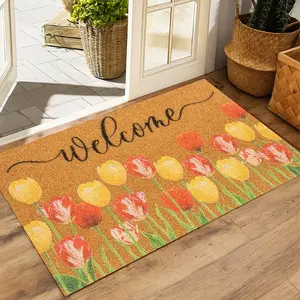 Vibrant Red Yellow Tulips Welcome Front Door Mat, Quick Dry Diatomite Absorbent Entryway Rug, Non-Slip Dirt Trapping Indoor Outside Doormat, Washable Faux Coir Floral Spring Porch Decor