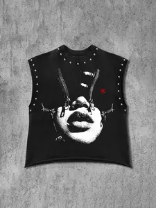 Men's Casual Fitted Vest with Zipper Graphic Portrait Print, Punk Style, Aesthetic, Sleeveless Design, Comfortable Fabric, Perfect for Music Festivals and Streetwear, Streetwear Tank Vest