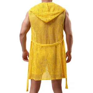 Sexy Robe Sleepwear Mesh Hoodie Sleep Lounge Pajama Gay Wear Men's Hollow Fashion Perspective Dressing Gown Bathrobe(No shorts)