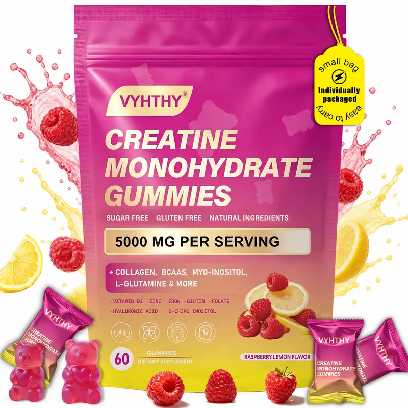 VYHTHY Pure Creatine Monohydrate Dietary Gummies, Clean Label Supplement with Collagen, BCAAs, Inositol, L-Glutamine, Vitamins, Zinc – Fitness Support for Strength, Recovery, Skin & Nail Care (Men & Women)