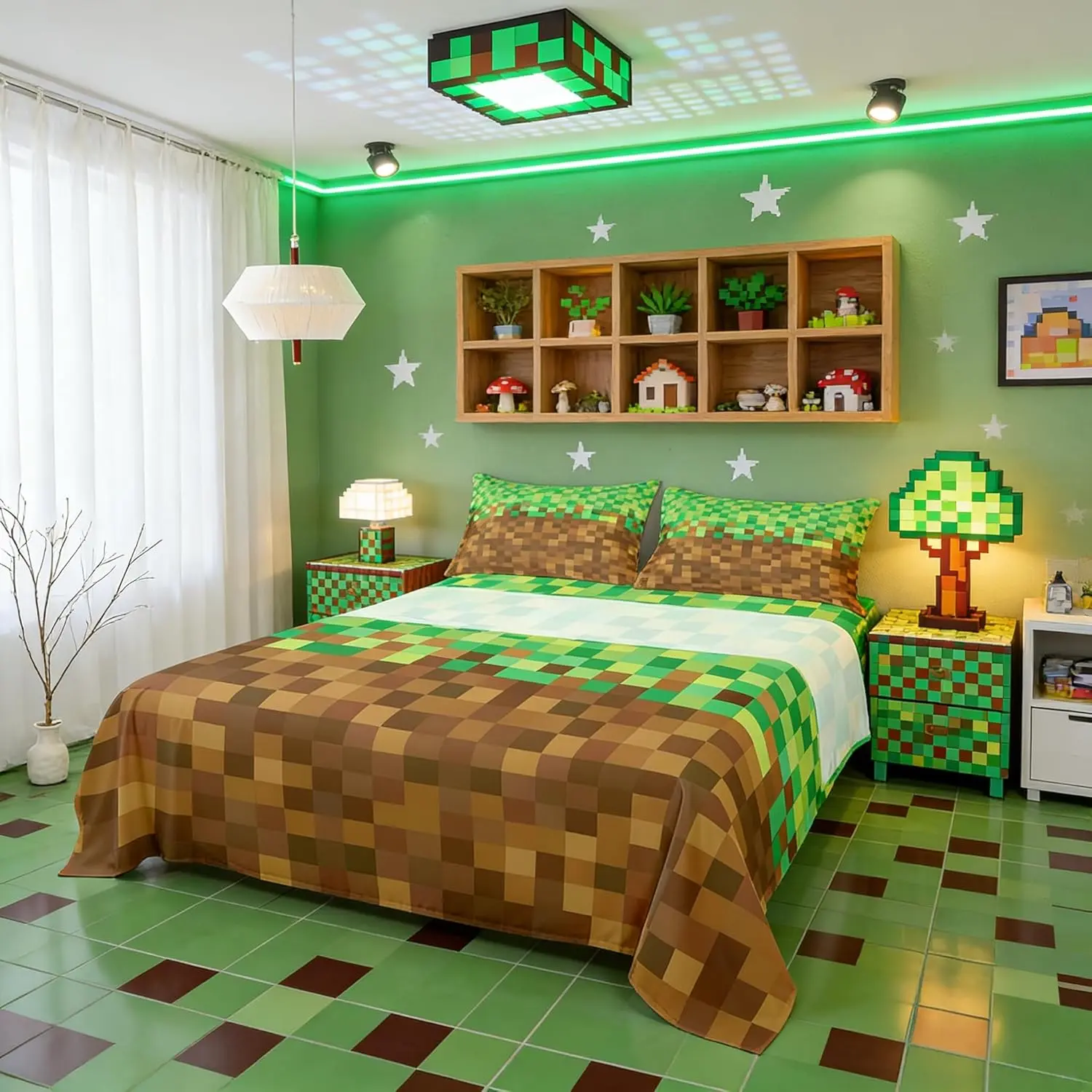 Pixelated Bed Sheets Set,Video Games Gamepad Miners Sheets Bedroom Decor,Geometric Grid Bedding Bedroom,Brown Green Bed Sheet Set (Fitted + Flat Sheet )