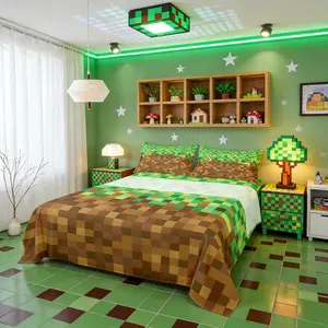 Pixelated Bed Sheets Set,Video Games Gamepad Miners Sheets Bedroom Decor,Geometric Grid Bedding Bedroom,Brown Green Bed Sheet Set (Fitted + Flat Sheet )