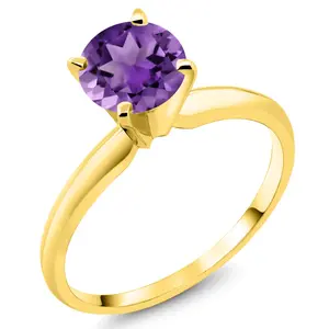 Gem Stone King 14K Yellow Gold Purple Amethyst Solitaire Engagement 4-Prong Ring For Women | 1.00 Cttw | Round 6MM | Gemstone February Birthstone