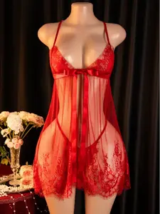 Women's 2-Piece Sexy Lingerie Set - Spaghetti-Sleeve Slip Dress, Slit Mini Skirt, G-String - Women's Sleepwear & Underwear