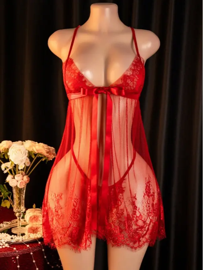 Women's 2-Piece Wireless Bra & Lingerie Set - Sleeveless Sheer Polyester Transparent Clothes, Hollow Out Short Slip Dress with Side Slit, Crossback Spaghetti Straps, V-String for Party, Transparent Clothes For Women