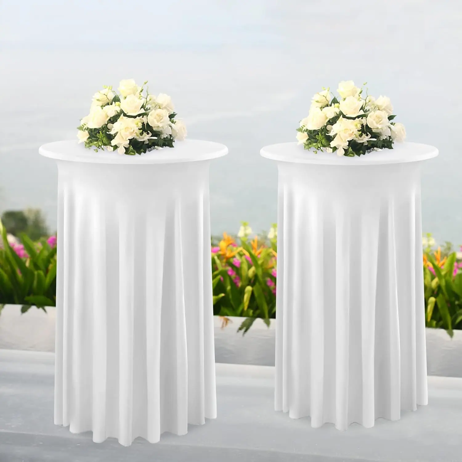 Festive & Party Supplies 2-Pack White Stretchy Fitted Highboy Table Skirts - Smooth, Wrinkle-Free Round Covers for Weddings, Special Events | Contemporary Home Decorations, summerwins, Summer Sale, Mid Year Sale, Deals For You Day