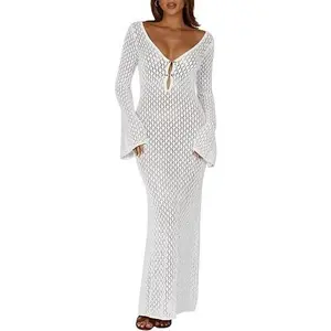 Womens Crochet Maxi Cover up Dress Beach Swim Vacation Coverups Long Sleeve Sexy Bodycon Summer Knit Dresses