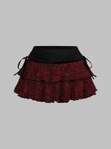 Women's Leopard Print Ruffle Hem A-Line Skirt, Y2K Style High Waist Fitted Ruffled Pleated Design, Casual Fashion for Spring & Fall Seasons, Womenswear