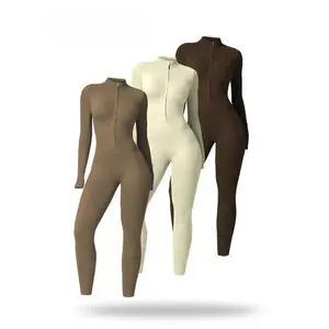 Women’s zip mock-neck long-sleeve workout jumpsuit, buttery soft compression unitard bodysuit, quick-dry 4-way stretch for yoga and gym, minimalist activewear