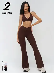 Women's Sporty Tight-Fitting Deep V Lingerie Set, High-Waisted Butt-Lifting  Flare Leg Pants & Sports Bra Vest, Casual Sporty Quick Drying Two-piece Outfits, Yoga Gym Workout Running Clothes, Yoga Bottoms
