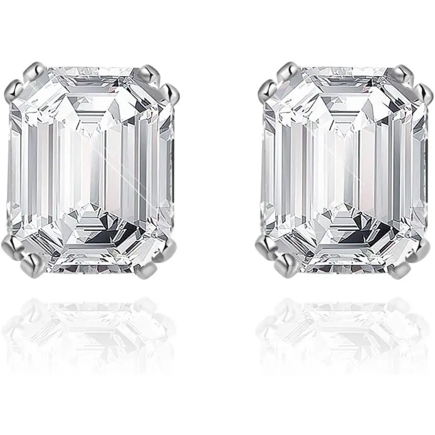 Big Square CZ Diamonds Stud Earrings - 4ct Emerald Cut 5A Big Cubic Zirconia, 925 Sterling Silver with White Gold Plated, 8x10mm Large Sparkling Wedding Earrings and Gifts for Women