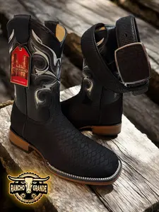 Bota Para Hombre Piel Genuina Nuevo Diseno / Men's Square Toe Boots Genuine Leather New Print Design