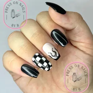 Black Checkered Nails - Hand-Painted Gel Polish Set with Complimentary Goodie Bag, Includes Nail Glue, Nail File & Wooden Cuticle Stick