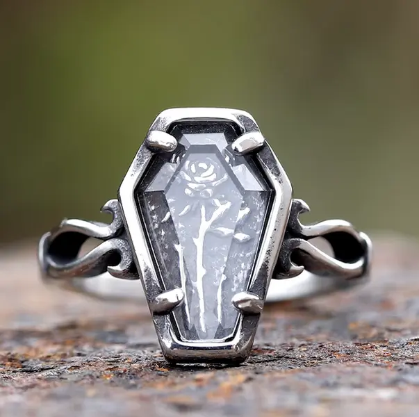 Quality Titanium Steel Creative Coffin Rose Design Personality Ring (Size 8-13)