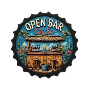 1pc, Bottle Cap Style Vintage TIKI Bar Metal Tin Sign, Retro Bar Open Wall Decoration for Man Cave Home Cafe Garage Club Bar Beer Bottle Cap 13.7 Inches With Black Border