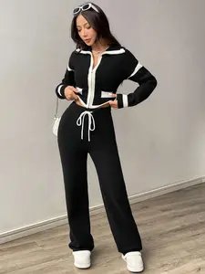 Women's Casual Color Block Patchwork Cardigan And Pants 2 Pieces Knit Suit, Autumn