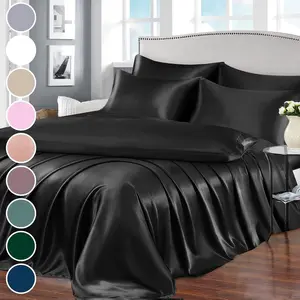 7 count Satin Sheets Queen Size Bed Set Satin Sheet Set, Black Bed Sheets Luxury Silky Satin Bedding Set, 1 Deep Pocket Fitted Sheet, 1 Soft Flat Sheet, 4 Pillowcases, 1 Body Pillowcase