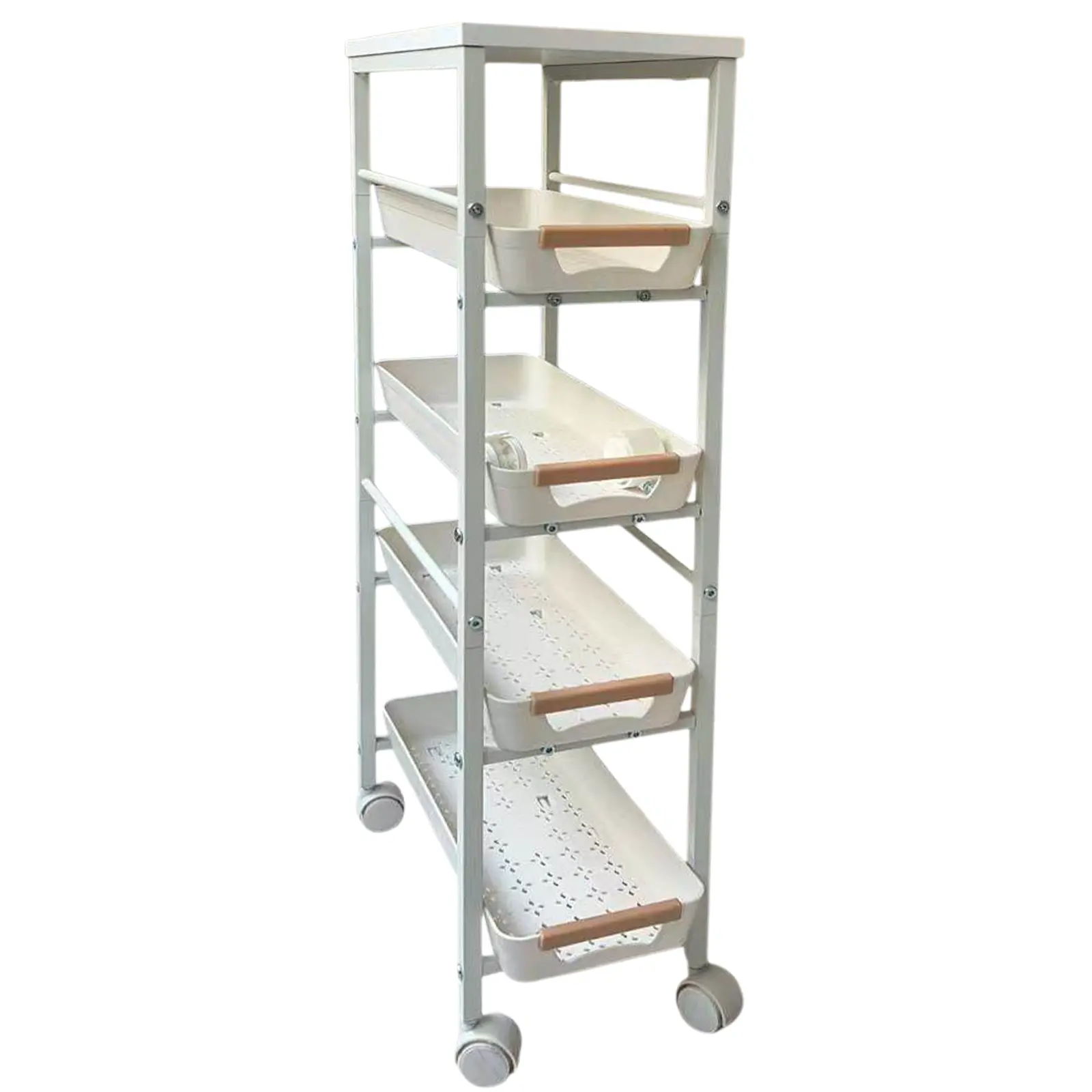 4-Tier Metal Movable Space-Saving Storage Cart with Optional Wooden Accessories, Pull-Out Drawers, Slide Baskets, Shelf Racks, Wheels, Easy Installation - Desk Organizer for Home Office, Kitchen