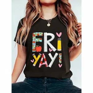 Fri-Yay! Women's Fun Friday Teacher T-Shirt – Colorful Letter Print with Floral & Elements, Soft , Round Neck, Short Sleeve, Stretch Fabric, Casual Summer Top for Teachers &, Event Attire