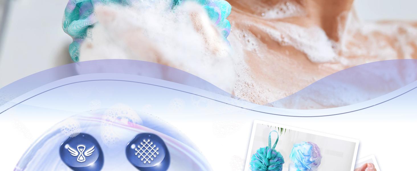 Loofah Sponge 75g/Piece, Exfoliating Bath Sponge Body Scrubber - Loofa Set of 4 Flower Color (Large, Green-Purple)