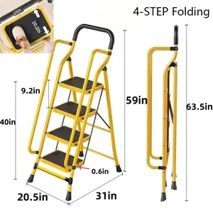 Portable 4-Step Folding Ladder with Handrails, Heavy-Duty Steel Step Stool with Anti-Slip Wide Pedals, 500 lbs Capacity, Comfortable and Secure Grip, Compact Folding for Easy Storage, 73.5" H × 20.5" W × 4.7" D for Home Office