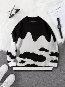 Men's Cloud Print Crew Neck Sweater, Regular Fit Casual Long Sleeve Jumper for Fall & Winter, Fashion Men's Knitwear for Daily Wear, Tops