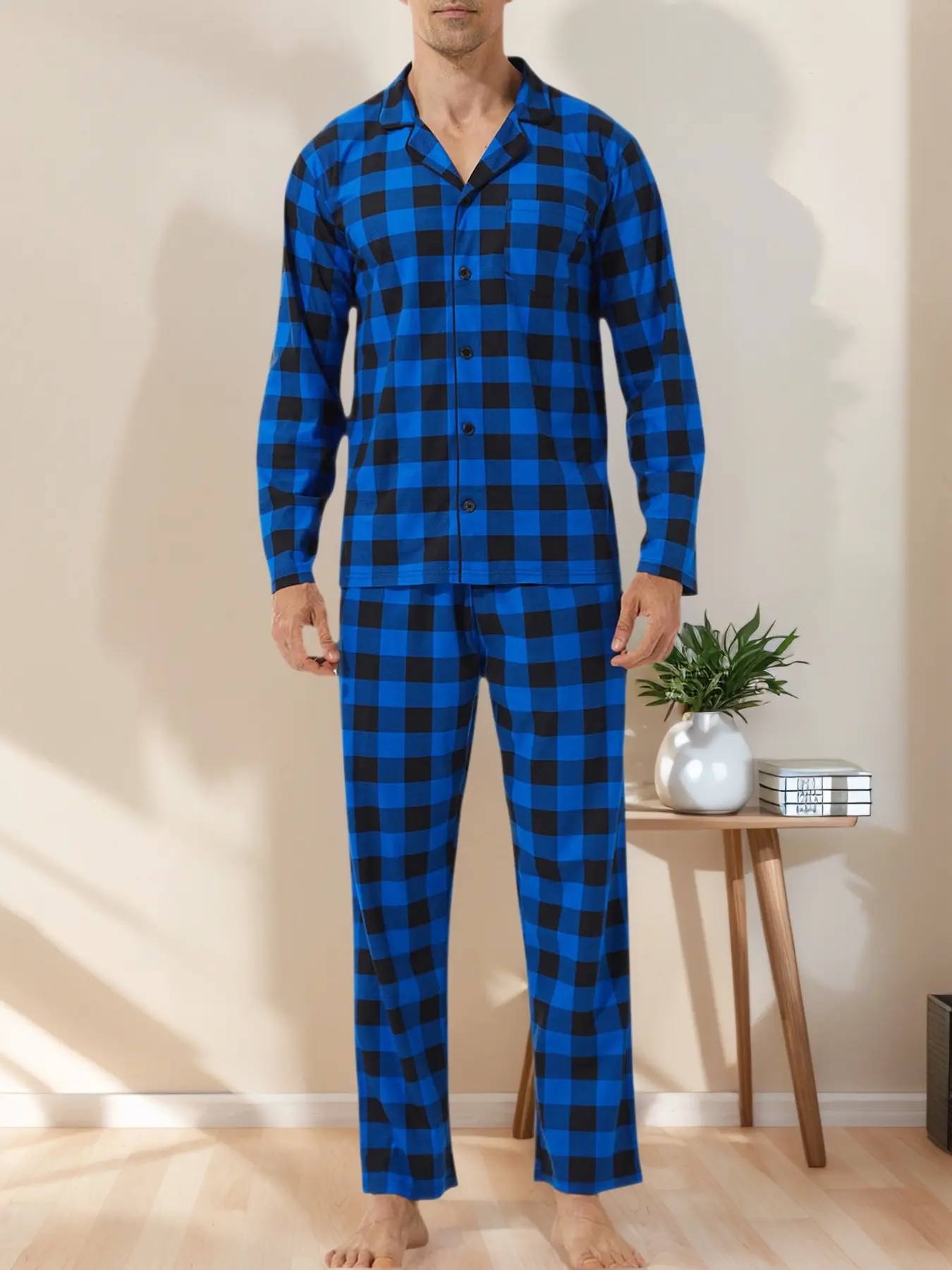 Men's Plaid Print Button Front Pocket Top & Pants Loungewear Two-piece Set, Casual Comfy Long Sleeve Lapel Neck Top & Pocket Pants Lounge Set, Men's Loungewear for Spring & Fall