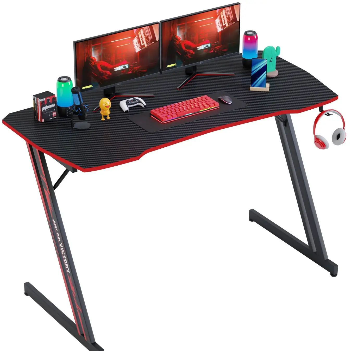 Gaming Desk 47/39/35 Inch Z Shaped Carbon Fiber Surface Desktop Waterproof Computer Table PC Workstaion Gaming Table with Headphone Hook