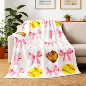 Pink Softball Bow Blanket Pink Coquette Bow Flannel Throw Blanket Team Gifts for Girls Women, Cozy Fleece Sports Blanket for Couch Bed Game Day Team Coach Senior Night
