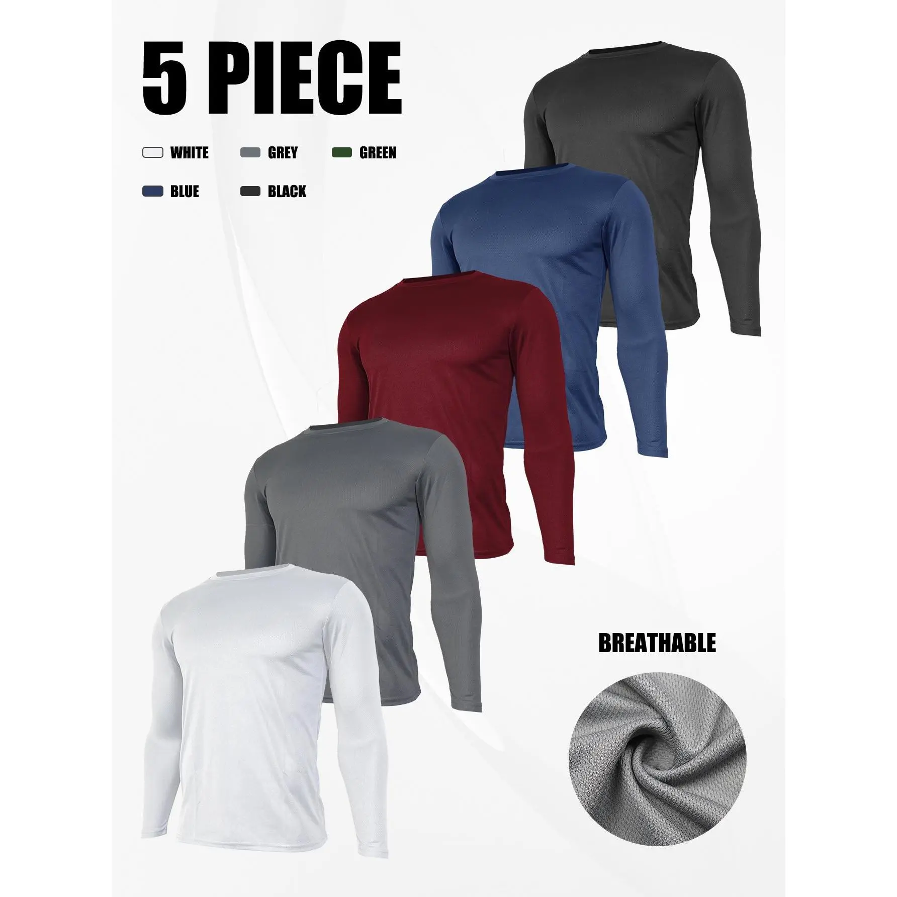 Men's 5-Piece Fitted Long-Sleeved Sports T-Shirts - Male High Elasticity Streamlined Fitness Wear, Suitable for Running, Yoga, All-Season Comfort