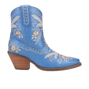 Dingo Womens Primrose Floral Embroidered Metallic Snip Toe Pull On  Casual Boots Ankle Mid Heel 2-3" - Blue