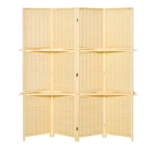 4-Panel Folding Room Divider, 6 Ft Freestanding Bamboo Privacy Screen Panel with Storage Shelves for Bedroom or Office, Natural Wood Color(Using high-quality and premium materials)