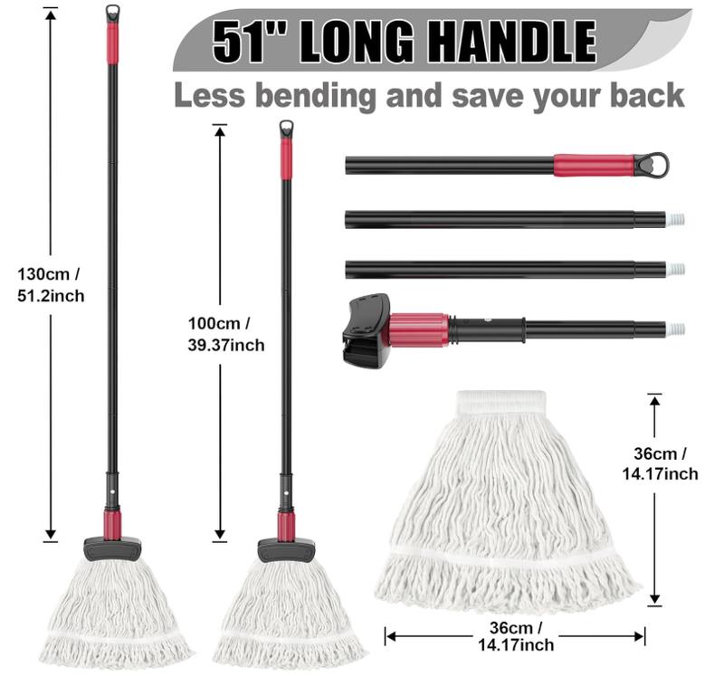 Commercial Mops for Floor Cleaning - Looped-End Heavy Duty Wet Mop with Long Handle for Hardwood Wood Tile Vinyl - Reusable Cotton Head for Home Garage Kichen Bathroom