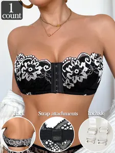 Women's Lace Strapless Bra Bralette, Sexy Floral Contrast Lace Trim, No Padding-No Underwire, Medium Support Front Hook, Spring Summer Innerwear
