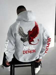 Men's Fall Winter Demon & Angel Graphic Print Hoodie, Fitted, Soft Cotton Fabric, Warm and Comfortable, Casual Wear, Single Layer or Inner Layer